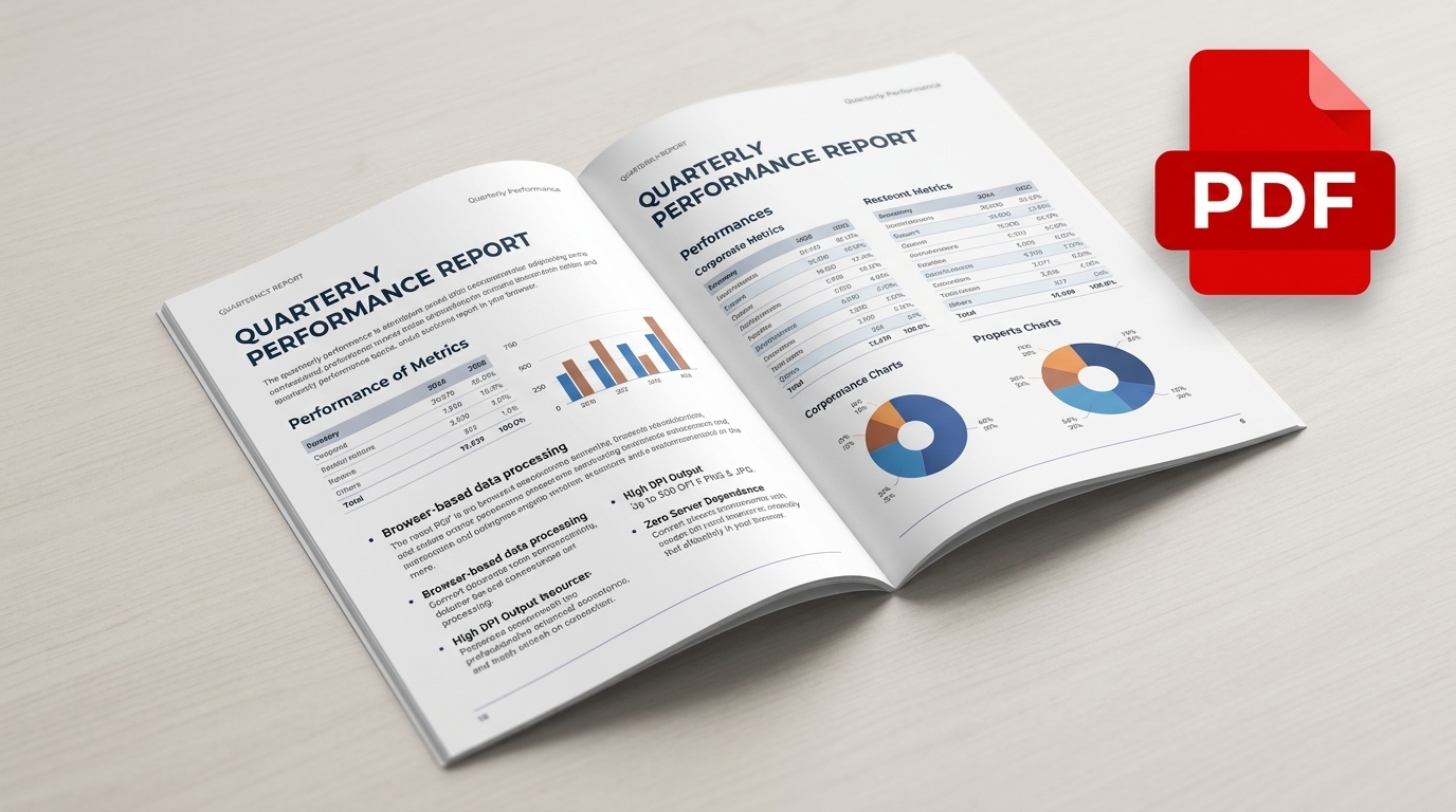 PDF document processing mockup with quarterly report and red PDF emblem